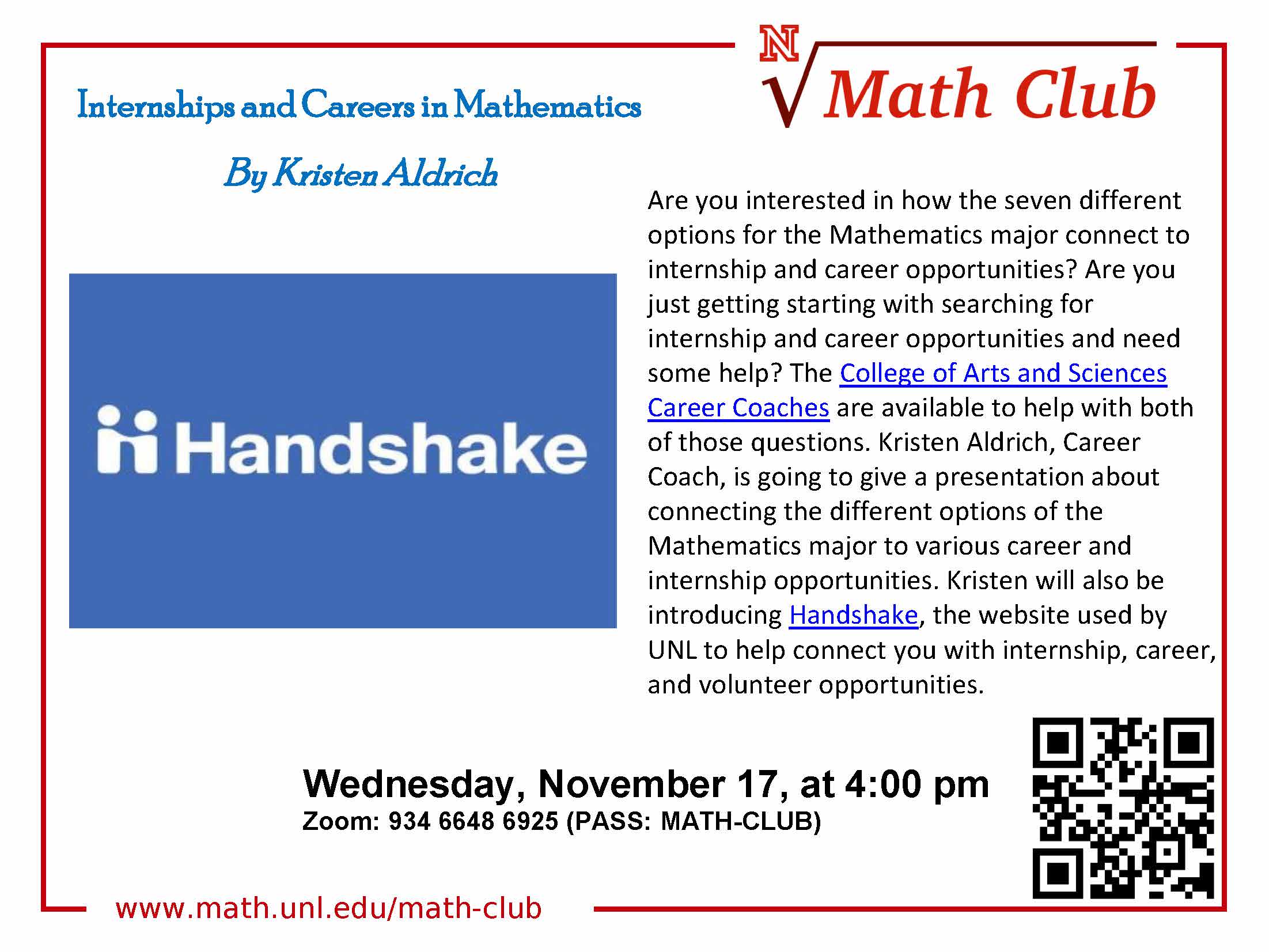 Math Club Internships and Careers in Mathematics Announce