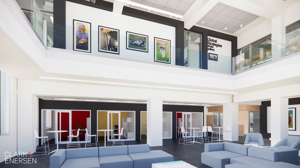 An architect’s rendering of the global education space shows the photo gallery and interactive meeting spaces that will be added during the Pound Hall renovations. [Clark and Enersen]
