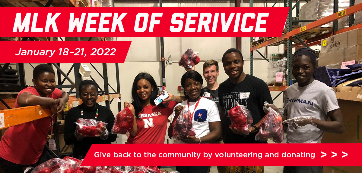 MLK Week of Service | January 18-21, 2022.  Give back to the community by volunteering and donating. 