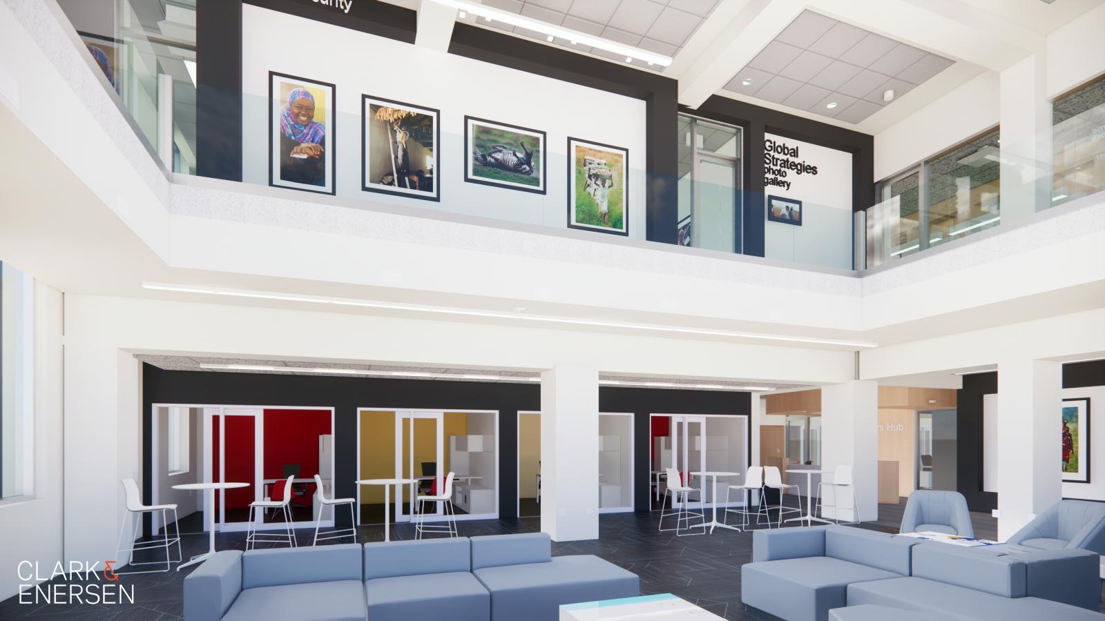 An architect’s rendering of the global education space shows the photo gallery and interactive meeting spaces that will be added during the Pound Hall renovations.