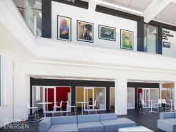 An architect’s rendering of the global education space shows the photo gallery and interactive meeting spaces that will be added during the Pound Hall renovations.