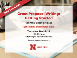 The Office of Graduate Studies will offer a grant writing seminar for graduate students presented by Dr. John Robertson, a managing member of Grant Writers' Seminars & Workshops, who has received competitive extramural funding from both NIH and non-federa