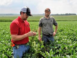 Nathan Mueller (left), Nebraska Extension educator, assesses an on-farm experiment with a producer participating in the Nebraska On-Farm Research Network.  Laura Thompson | Nebraska Extension