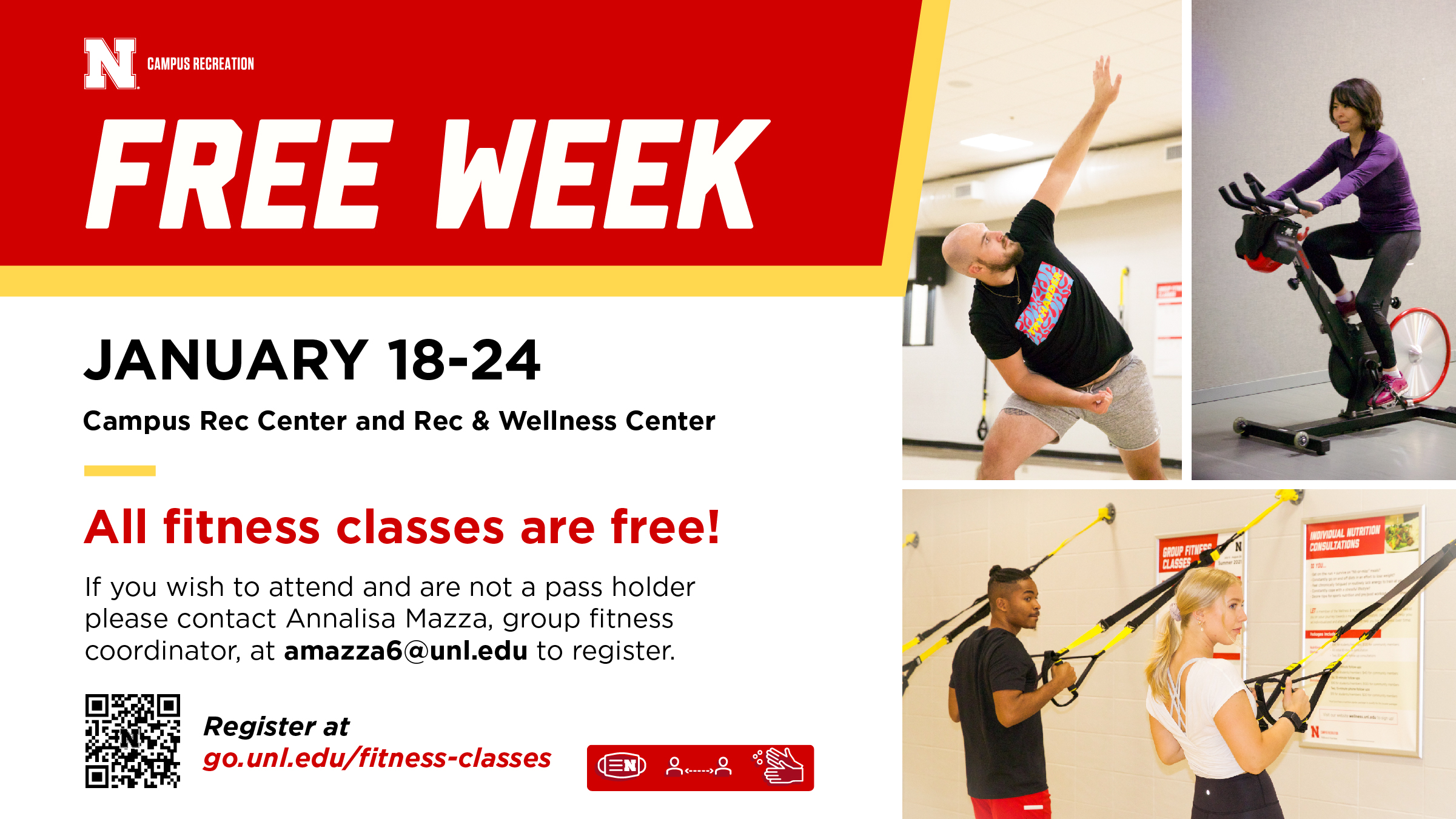 A free week of fitness classes is being offered Jan. 18-24 at the Campus Recreation Center and Recreation & Wellness Center.