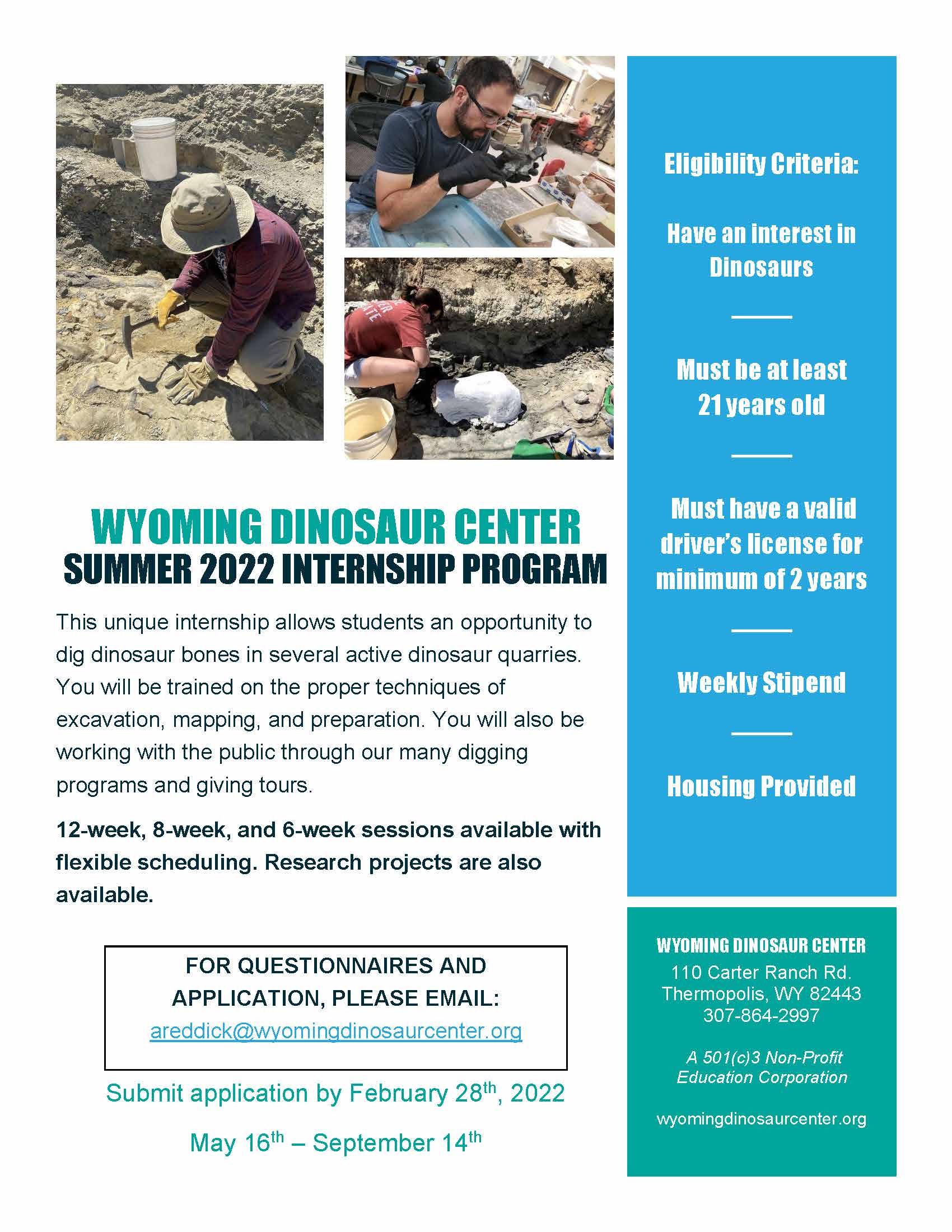 Wyoming Dinosaur Center Summer 2022 Internship Program