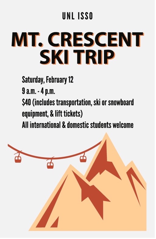 Students will have the opportunity to try skiing and snowboarding with ISS0 at the Mt. Crescent, Iowa, Feb. 12 from 8:45 a.m. to 4 p.m.