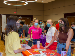 New students visit with RSO members inside the Nebraska East Union during one of two club fairs held in fall 2021. [Student Affairs] 