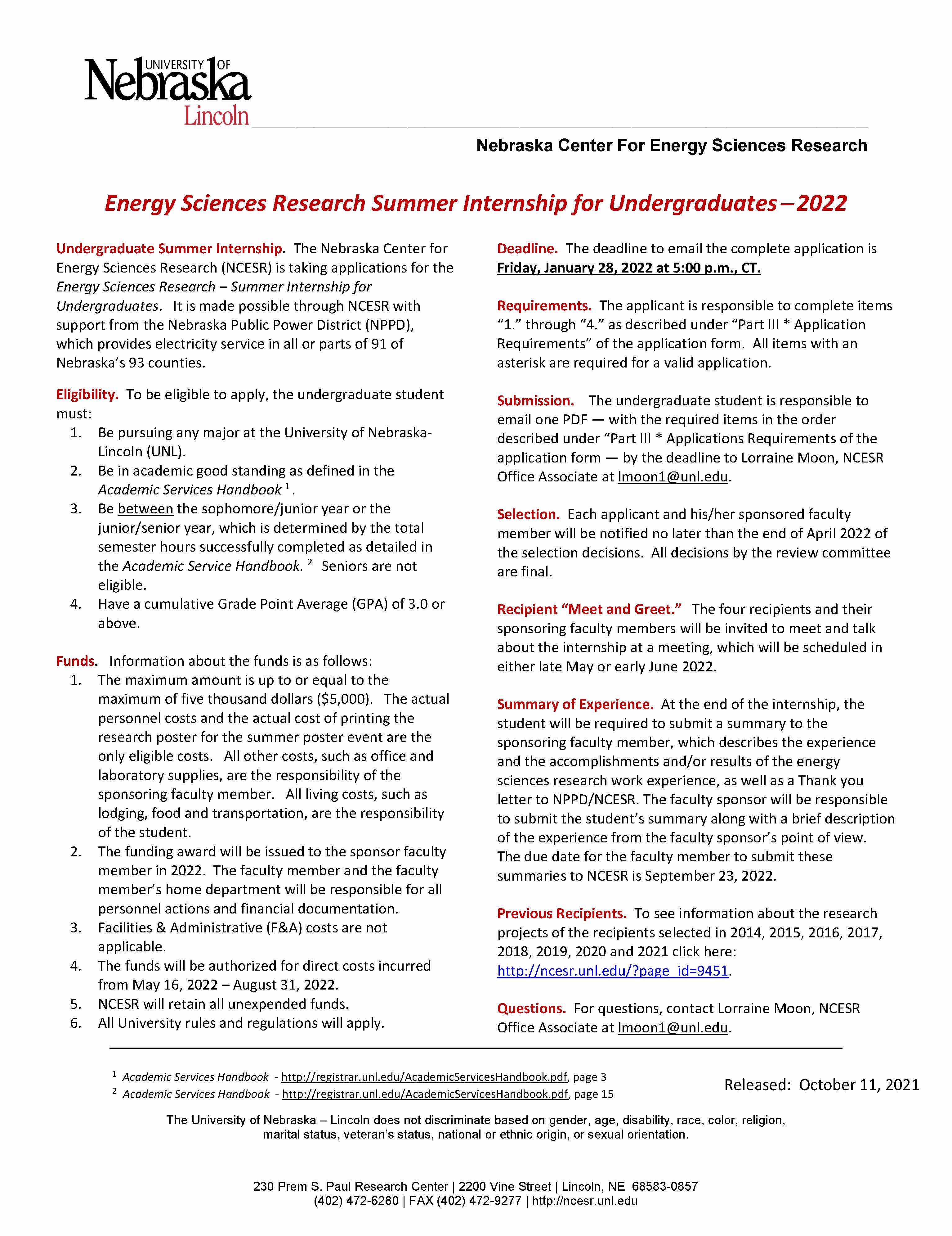 Energy Sciences Research Summer Internship for Undergraduates − 2022