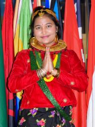 In her traditional clothing, Sandhya Karki of Nepal posed during the 2021 International Education Week signature event: Global Café and Connections. 