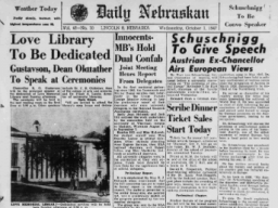 Pictured is the front page of the Oct. 1 1947 issue of the Daily Nebraskan, one of the newspapers in the Nebraska Newspapers portal.