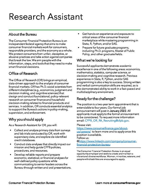 Consumer Financial Protection Bureau’s Office of Research's Research Assistant Position