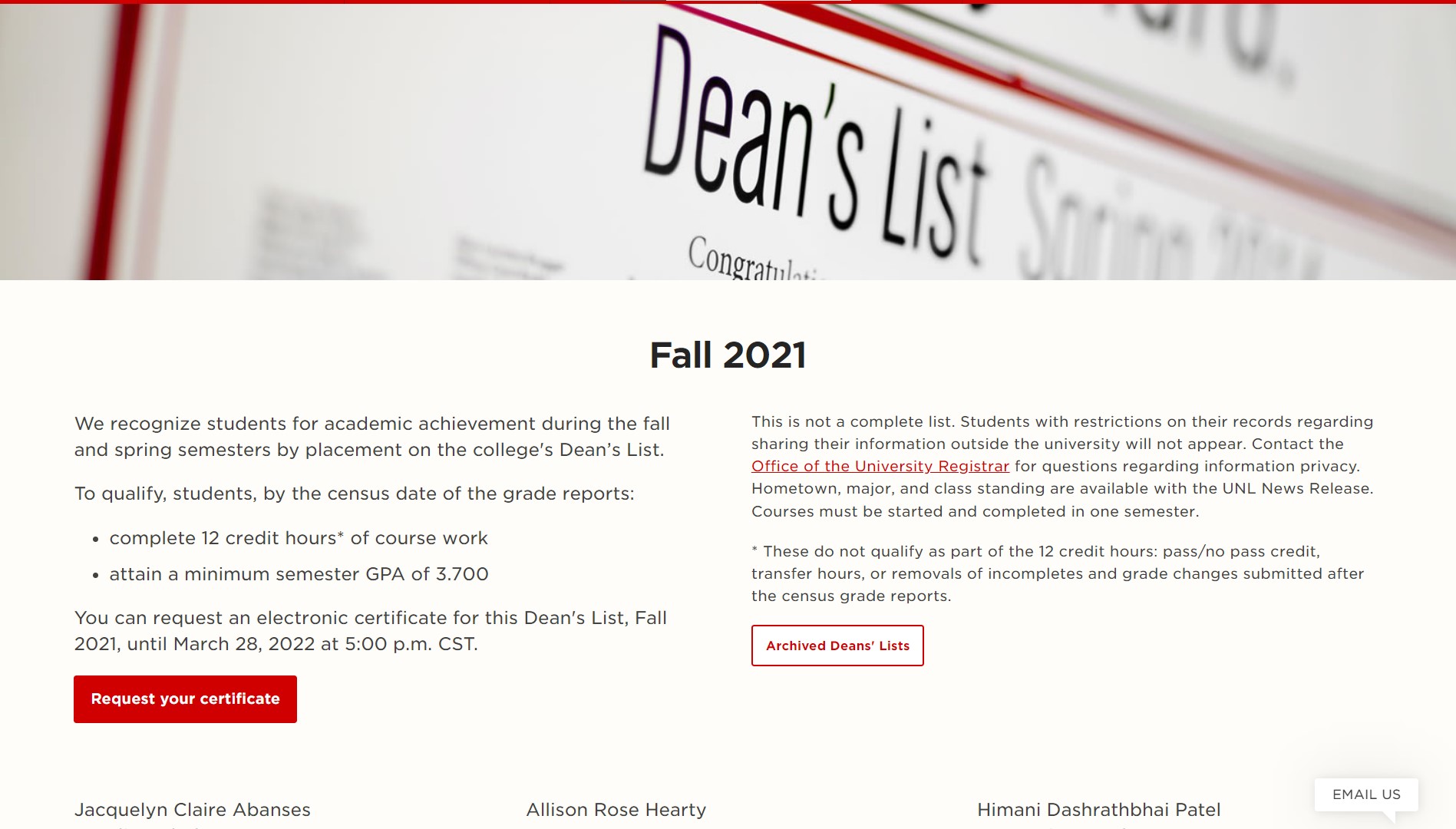 Fall 2021 Dean's List Announce University of NebraskaLincoln