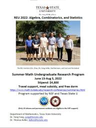 Texas State REU: Algebra, Combinatorics, and Statistics