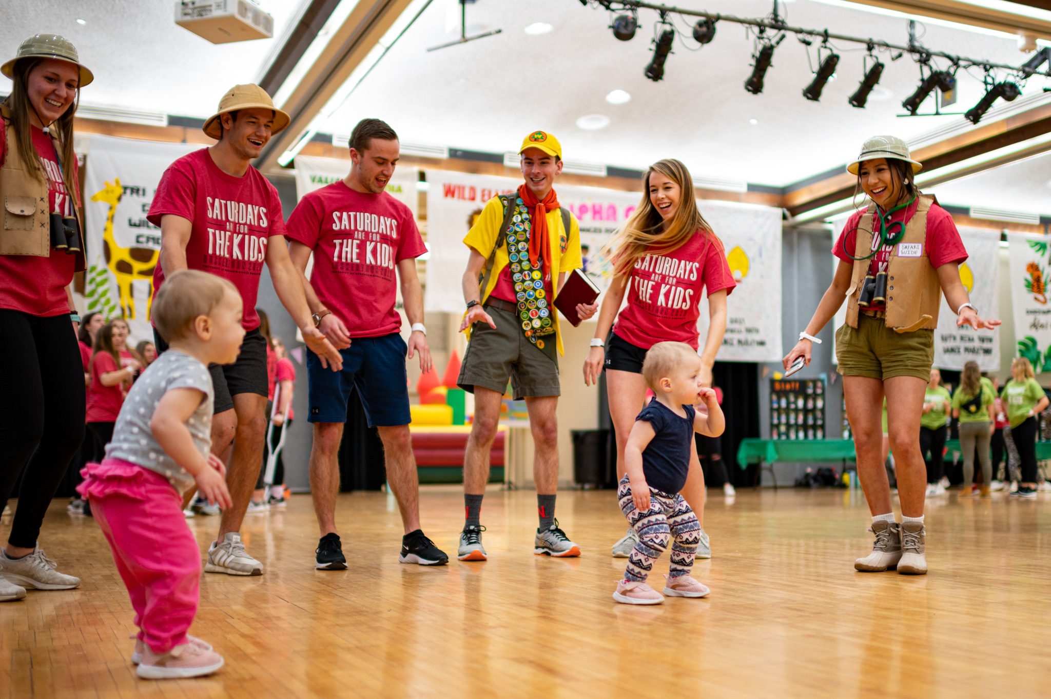 UNL students dance with a few young patients of Children's Hospital of Omaha during the 2019 HuskerThon in the Nebraska Union.