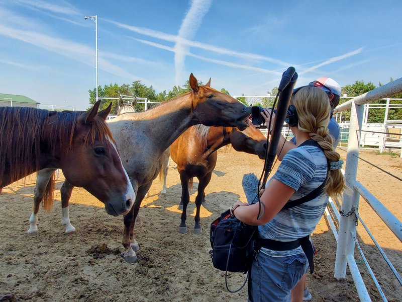 Say "Cheese." Videographer Chris Flanery and Audio Engineer Emily Kreutz get up close and personal with horses at the Haythorn Ranch.