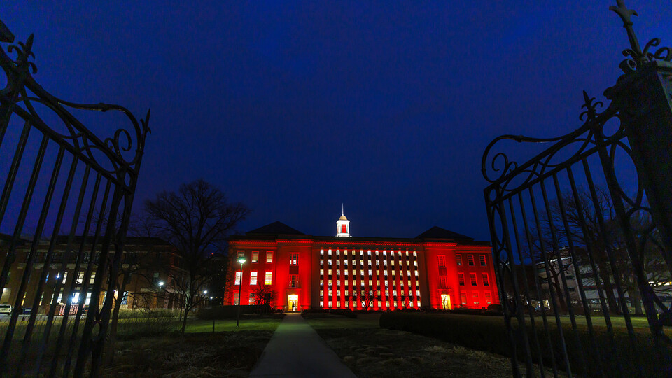 Love Library was among university buildings lit in celebration of the Glow Big Red event, which was held Feb. 16-17. Organized by the University of Nebraska Foundation, the annual campaign is intended as a way for Huskers to give back to the university.