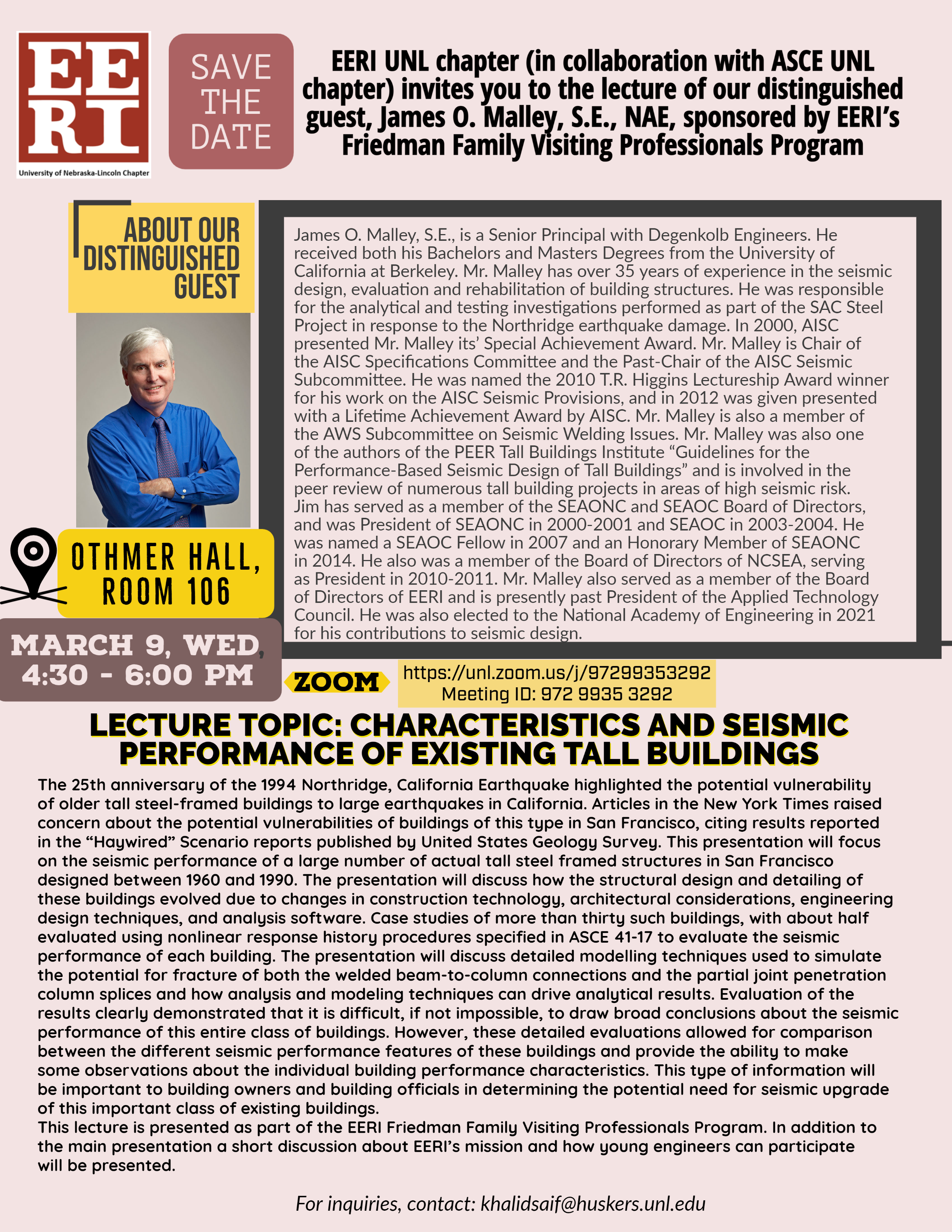 EERI UNL Chapter invited you to the lecture of James O. Malley