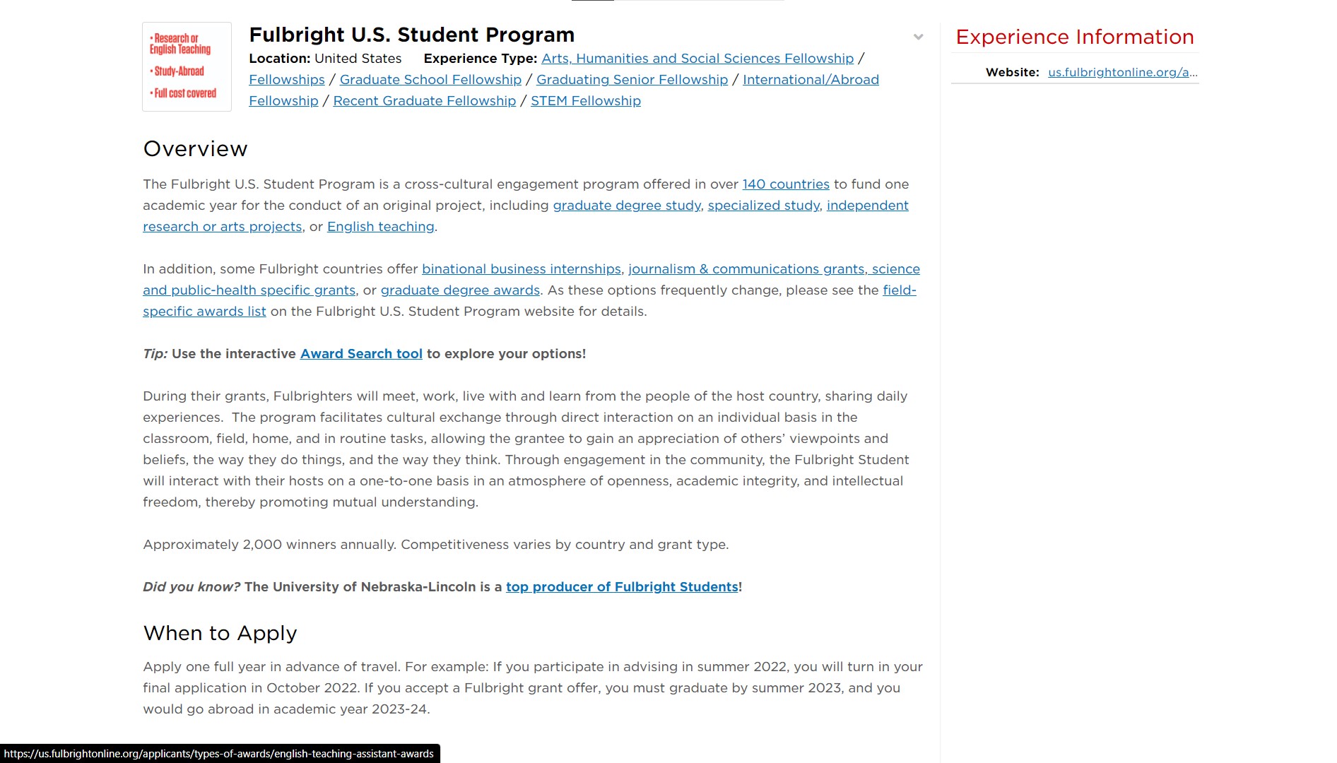 Office of National & International Fellowships' Fulbright Information