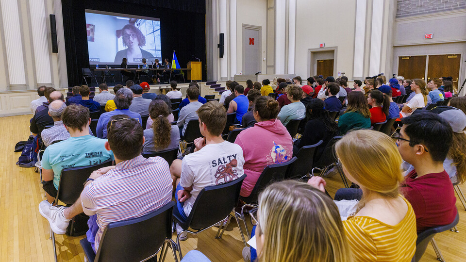 Students, faculty, staff and Lincoln community members discuss the attacks on Ukraine during a panel discussion on March 1 in the Nebraska Union. The university's Dish it Up series will expand on the discussion in a March 8 Zoom session.