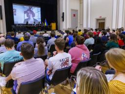 Students, faculty, staff and Lincoln community members discuss the attacks on Ukraine during a panel discussion on March 1 in the Nebraska Union. The university's Dish it Up series will expand on the discussion in a March 8 Zoom session.
