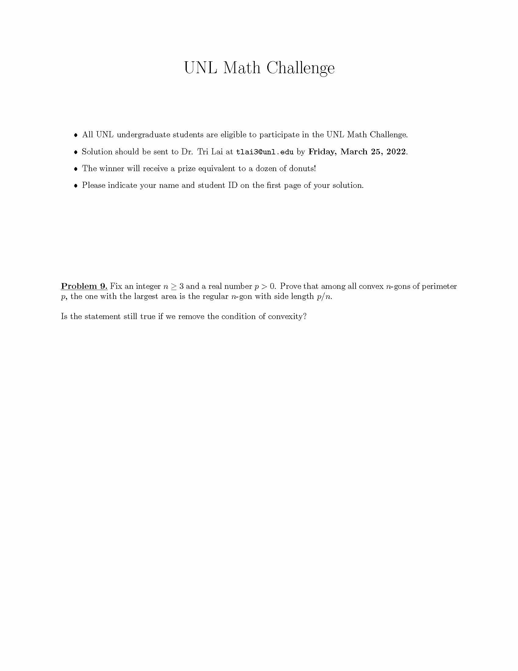 UNL Math Challenge Problem #9