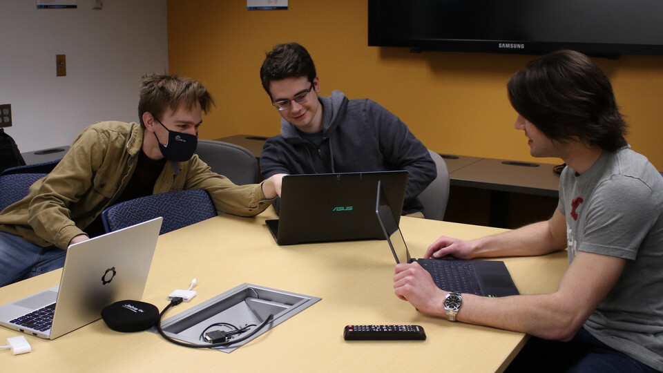 School of Computing Senior Design students (from left) Cole Vaske, Will Swiston and Cody Binder work on their collaborative project with the Nebraska Water Center and the School of Natural Resources. 