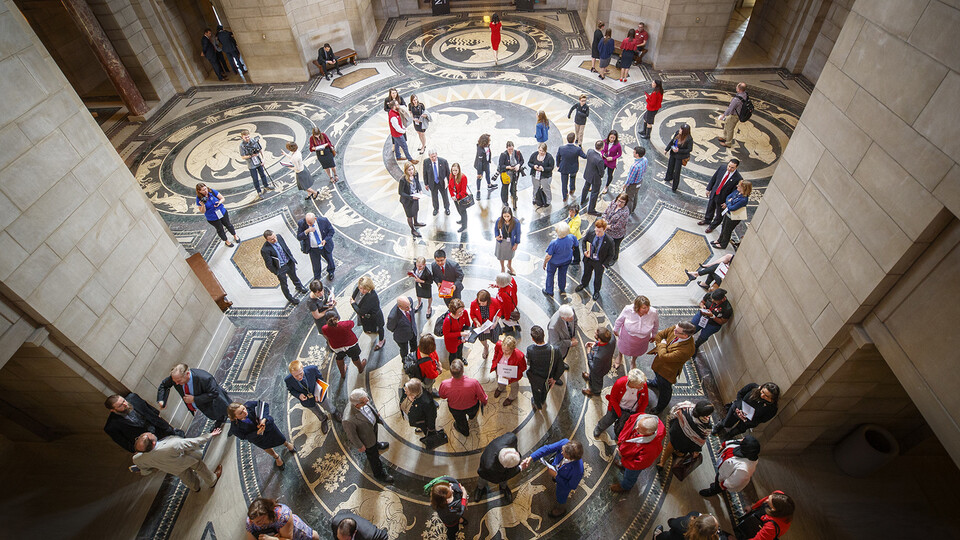 Participants fill the rotunda as they wait to speak with senators during I Love NU Day on March 27, 2019. The advocacy event will be held March 23 at the Nebraska State Capitol. [Craig Chandler | University Communication]