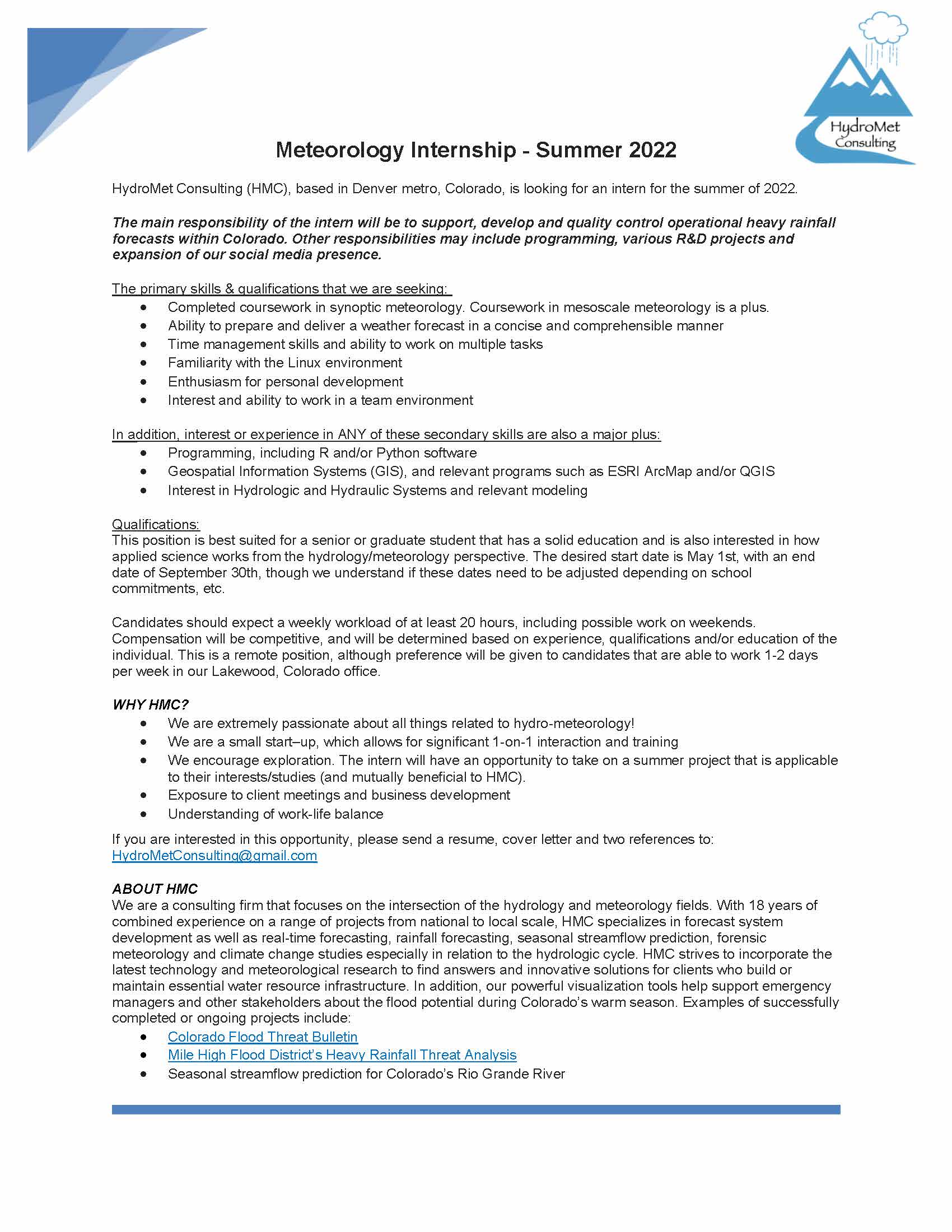Meteorology Internship with HydroMet Consulting Announce University