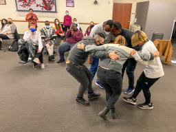 International and domestic students worked together in small groups during the Mar. 22 joint session with the Intensive English Program and TEAC 813J Intercultural Communication to share migration stories through dance. // Crystal Bock Thiessen