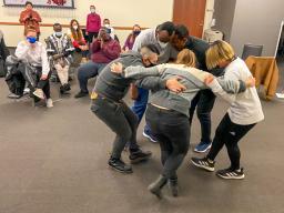 International and domestic students worked together in small groups during the Mar. 22 joint session with the Intensive English Program and TEAC 813J Intercultural Communication to share migration stories through dance. // Crystal Bock Thiessen