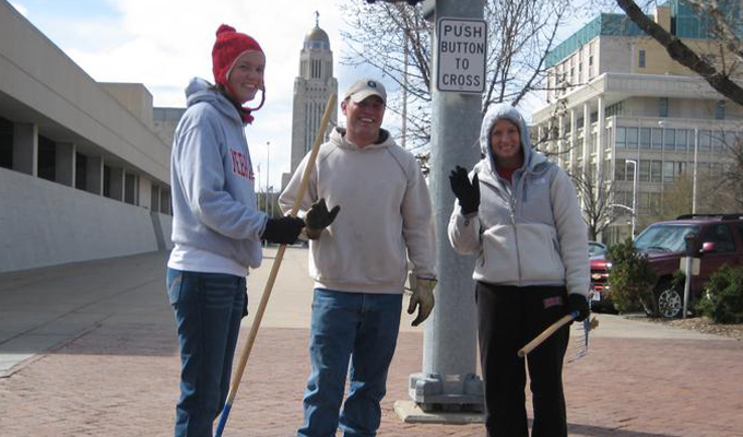 UNL students participating in a community clean up event. 