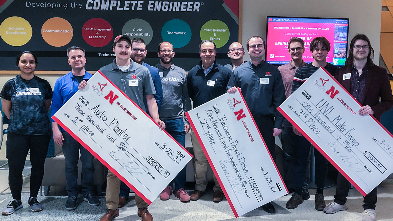 Prize winners at the March 23 Engineering Pitch Competition were: First place – Auto Planter, Ian Tempelmeyer (grad student in biological systems engineering); second place – Transverse Direct Drive, Matthew Penne (grad student in electrical and computer 