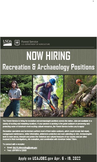US Forest Service - Now hiring Recreation and Archaeology Positions! 