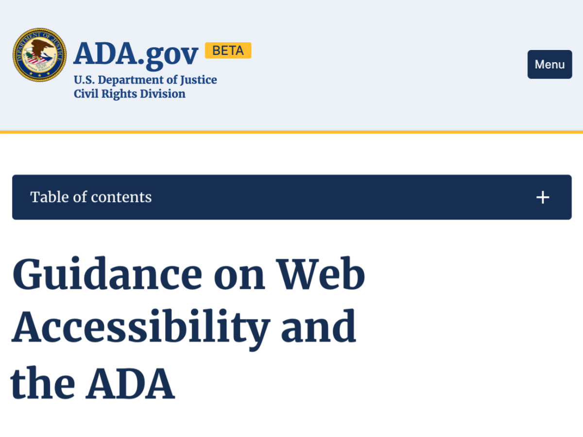 Image of new ADA site, showing headline "Guidance on Web Accessibility and the ADA"
