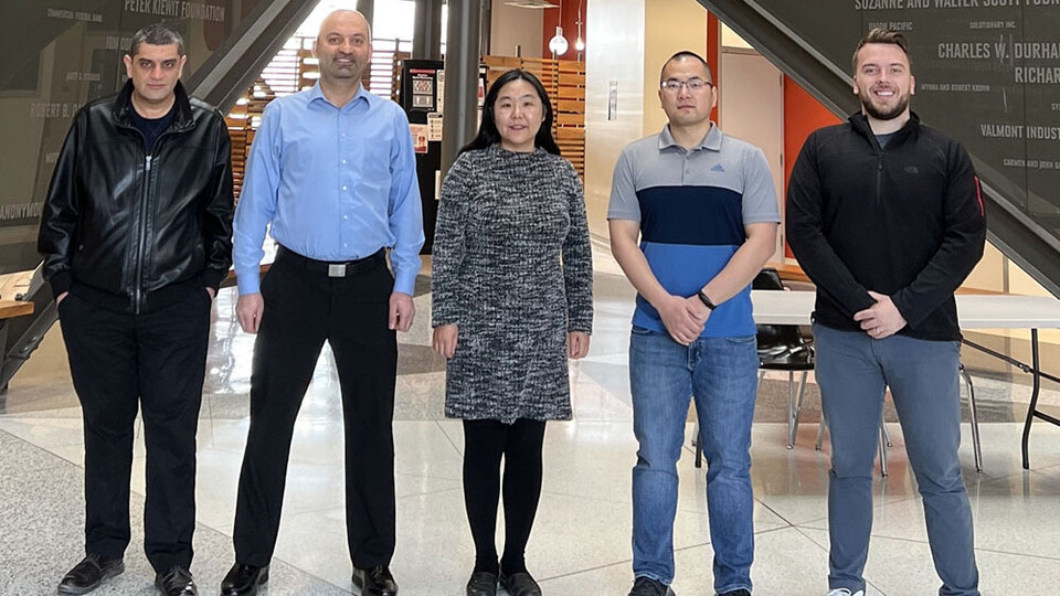 The team working on the DOE project includes (from left) Sulaiman Mohaidat, a doctoral student in the Durham School; Fadi Alsaleem, assistant professor in the Durham School; Jinying Zhu, associate professor of civil and environmental engineering; Bibo Zho