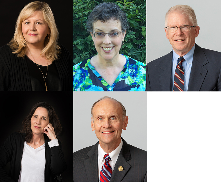 Clockwise from upper left: Alisa Belflower, Gretchen Foley, Peter Lefferts, Glenn NIerman and Colleen McDonald are retiring from the Glenn Korff School of Music this spring.