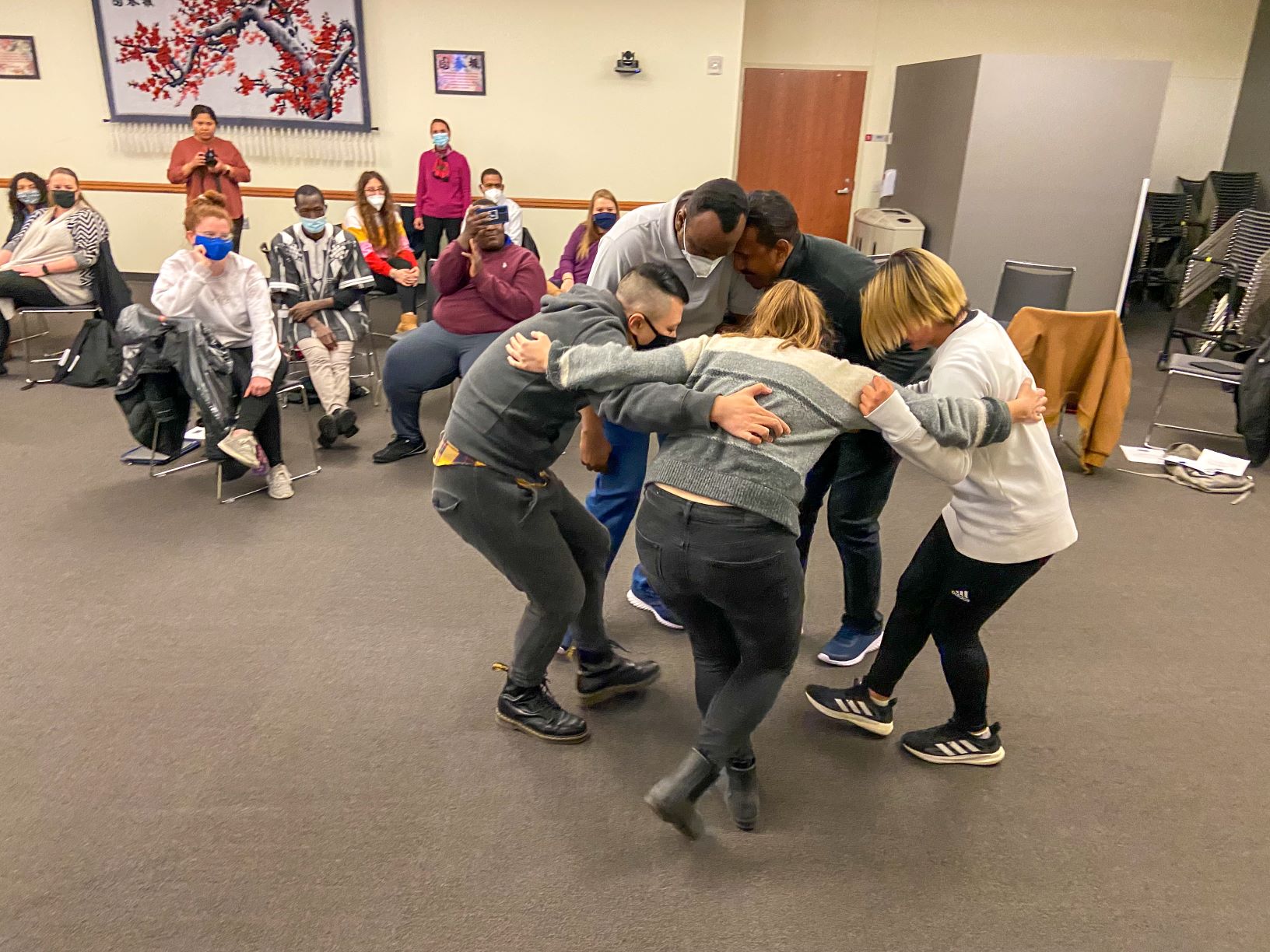 International and domestic students worked together in small groups during the Mar. 22 joint session with the Intensive English Program and TEAC 813J Intercultural Communication to share migration stories through dance. // Crystal Bock Thiessen