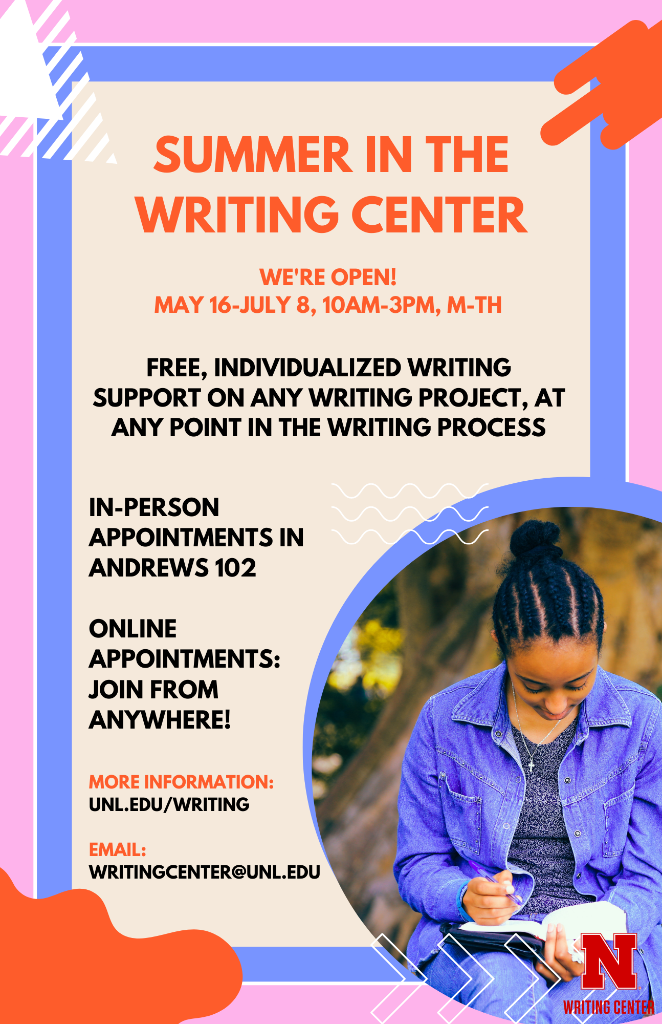 This summer, the Writing Center is excited to offer three ways for graduate students to receive no-cost support with their writing projects: a Virtual Writing Retreat, Summer Writing Groups, and Summer Hours.
