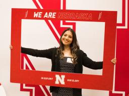 A 2022 Nebraska College Preparatory Academy graduate from Grand Island celebrates becoming a Husker during the April 27 event.