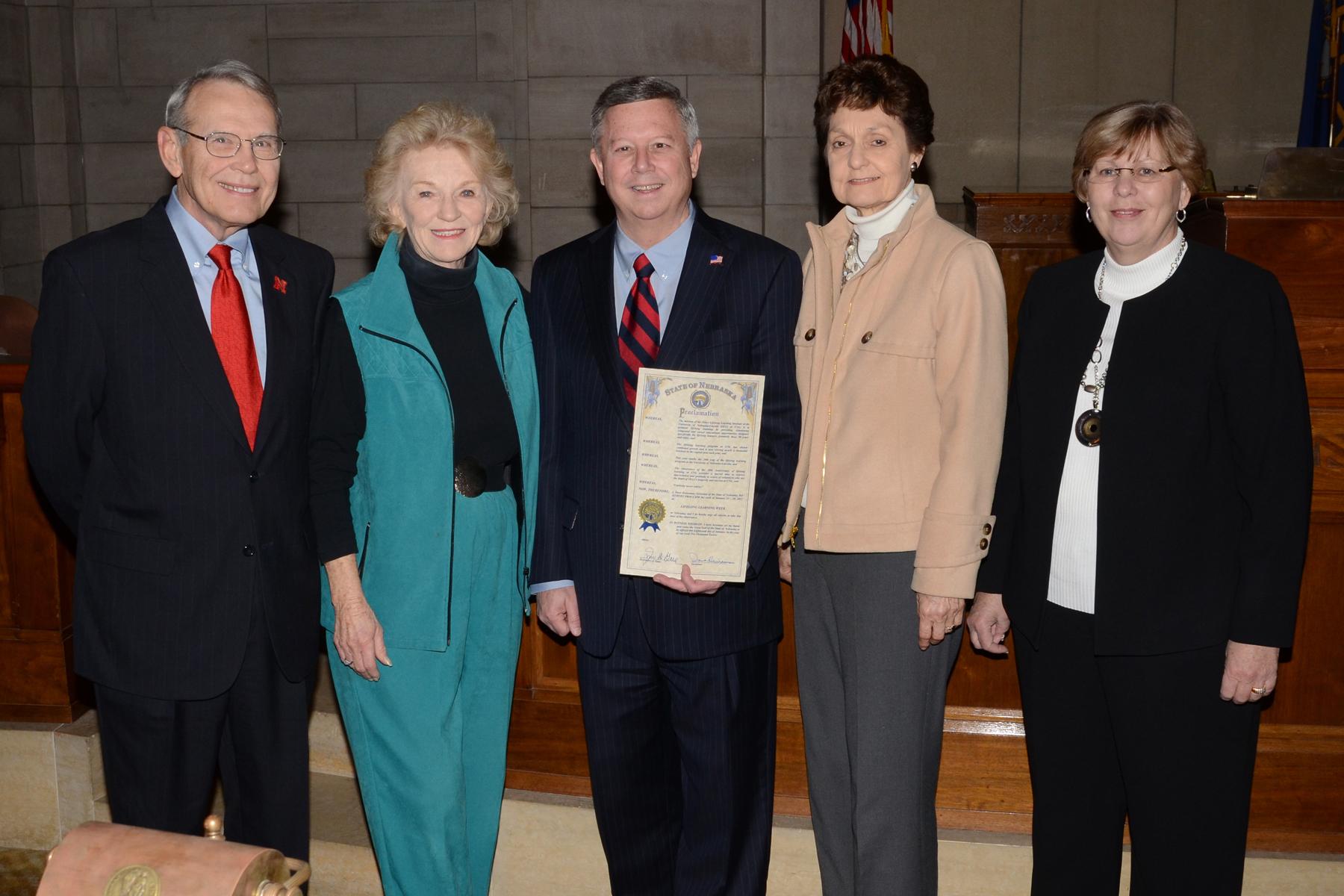 Governor Dave Heineman is joined by OLLI representatives Herb Howe, OLLI Advisory Council Chair; Leta Powell Drake, Dorothy Anderson; and Dee Aguilar, OLLI Coordinator
