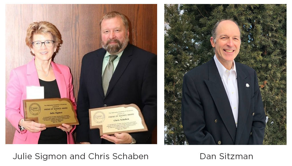 The Nebraska Academy of Sciences awarded two Friends of Science awards at the 132nd Annual Science Conference in April 2022, in which Dan Sitzman gave the Maiben Memorial Lecture.