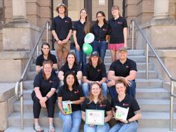 UNL Bee Lab Director Dr. Judy Wu-Smart (front row, second from the left), Outreach Coordinator Courtney Brummel (front row far right), and graduate and undergraduate students of the University of Nebraska–Lincoln Bee Lab.