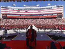 Chancellor Ronnie Green welcomes the graduates and audience to the undergraduate commencement ceremony May 14 at Memorial Stadium.
