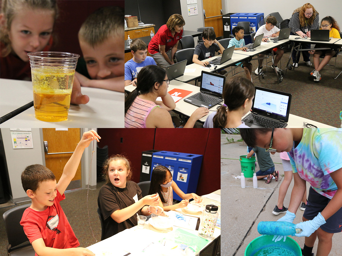 (Clockwise from upper left) Clover Kids Day Camp; Tinkercad — Create in 3D; Hydro-Dip Painting; Slime, Jelly Worms & Twizzlers (Photos by Vicki Jedlicka, Nebraska Extension in Lancaster County)
