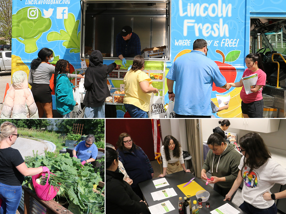 (Top photo) Extension partners with the Food Bank of Lincoln’s Lincoln Fresh Mobile Distribution Truck. (Bottom left) Extension coordinates vegetable donation gardens. (Bottom right) Extension teaches adults through El Centro de las Américas.