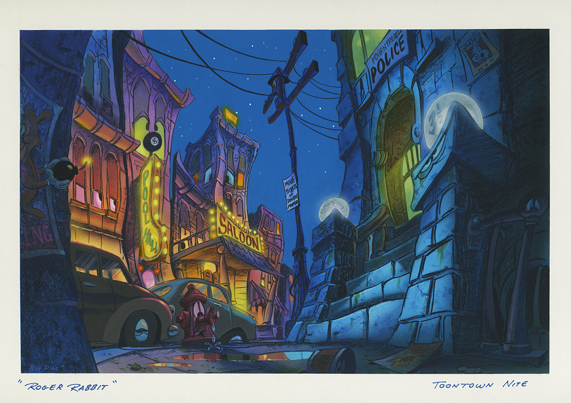 A concept painting for Toon Town at night for the film "Who Framed Roger Rabbit?" by Ron Diaz. From the exhibition "Building a Narrative: Production Art and Pop Culture."
