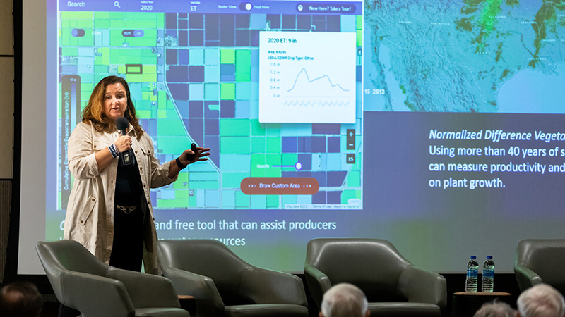  Loren Rye | Pixel Lab Karen St. Germain, director of NASA’s Earth Science Division, discusses climate data during the Heuermann Lecture on Aug. 22.