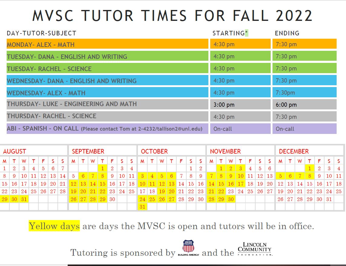 MVSC Tutoring Schedule Fall 2022
