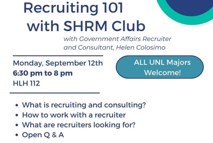 Recruiting 101 with SHRM Club | Monday September 12 at 6:30 p.m. in HLH 112. 