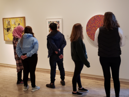 Students in SOCI 252 Health, Medicine, and Society explore what doctors can learn by studying art at the Sheldon Museum of Art. Photo credit: Dr. Lisa Kort-Butler.